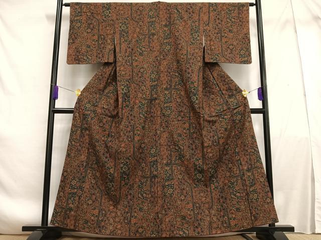 平和屋着物■上質な小紋　紬地　更紗花鳥文　正絹　逸品　AABF1885oa