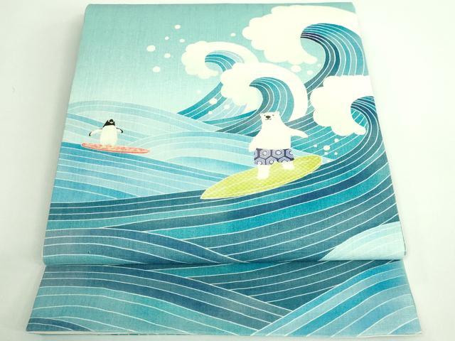 平和屋着物■極上　夏物　太鼓柄　京袋帯　WAKKA　ワッカ　白くま　ペンギン　サーフィン　麻　逸品　DZ..