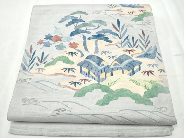 平和屋着物●太鼓柄袋帯　紬地　すくい織　風景草花文　正絹　逸品　CABC5294hy