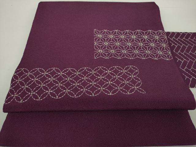 平和屋着物●九寸名古屋帯　刺し子　総刺繍　麻の葉七宝文　鬼しぼ縮緬　正絹　逸品　DAAY1933ps