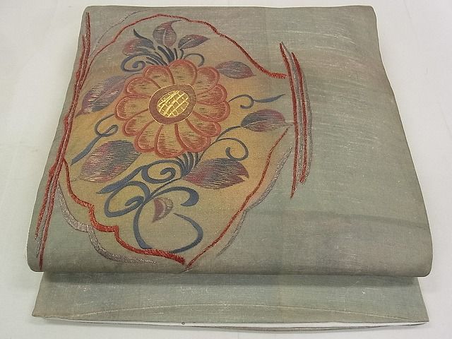平和屋着物◎太鼓柄袋帯 紬地 刺繍 草花文 金糸 逸品 DAAG5143jm