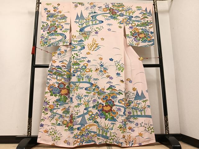 Rakuten - 平和屋着物●訪問着　型染め　流水風景草花文　正絹　逸品　AABC9662ph