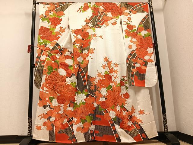 平和屋着物●豪華振袖　駒刺繍　草花文　金彩　正絹　逸品　AABH2080ph