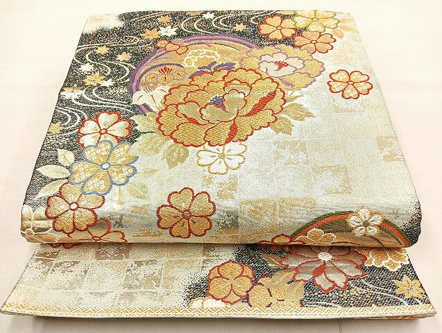 平和屋着物◎佐賀錦 六通柄袋帯 唐織 流水花文 金銀糸 正絹 逸品 BAAL6825cm