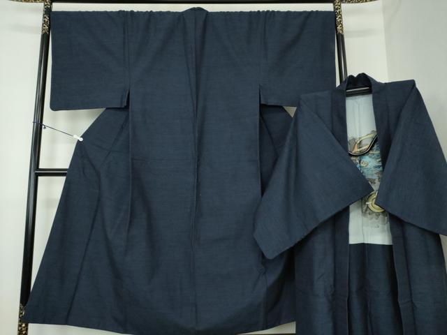 平和屋着物●男性　結城紬　杢　アンサンブル　長羽織　濃紺地　正絹　逸品　DAAY1953ps