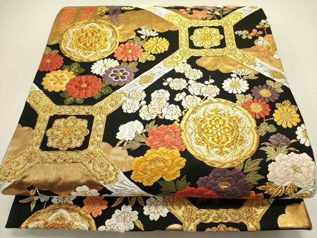平和屋着物●唐織・西陣の老舗・名門・藤原織物　六通柄袋帯　七宝花唐草文　金糸　正絹　逸品　DAAZ3421ob 平和屋着物○西陣 川島織物 六通柄 本袋帯 唐織 花菱文 金糸 正絹 逸品