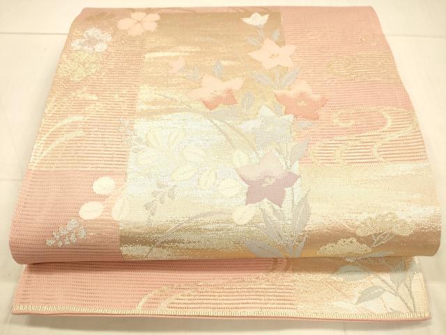平和屋着物＊夏物　六通柄袋帯　流水色紙草花文　金銀糸　正絹　逸品　DAAS2849cm