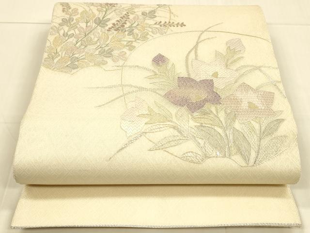 平和屋着物＊夏物　太鼓柄袋帯　刺繍　草花文　金銀彩　正絹　逸品　DAAS2851cm