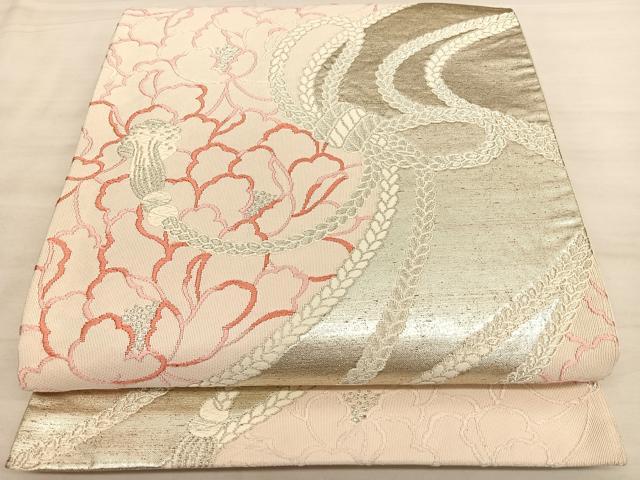 平和屋着物◎六通柄袋帯 唐織 結紐牡丹文 銀糸 正絹 逸品 BAAW7175qw