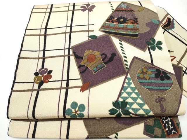 平和屋着物●全通柄　九寸名古屋帯　型染め　歌舞伎　金彩　鬼しぼ縮緬　正絹　逸品　CABA4900hy