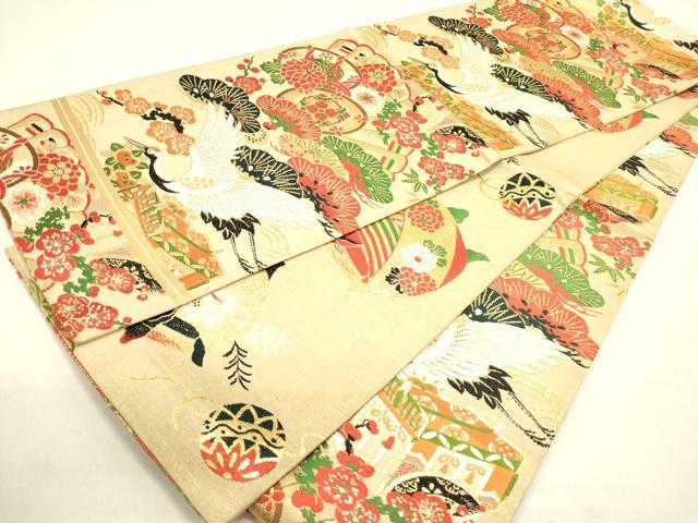 平和屋着物◎アンティーク　大正ロマン　丸帯　器物飛鶴花文　松竹梅　金糸　正絹　逸品　DABB6743ea