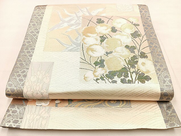 平和屋着物◎太鼓柄袋帯　唐織　飛鶴草花文　金銀糸　正絹　逸品　BAAL3390cm(4)