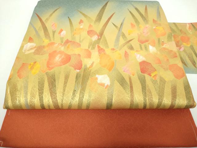 平和屋着物●塩瀬　九寸名古屋帯　草花文　金彩　正絹　逸品　DAAX4217ps