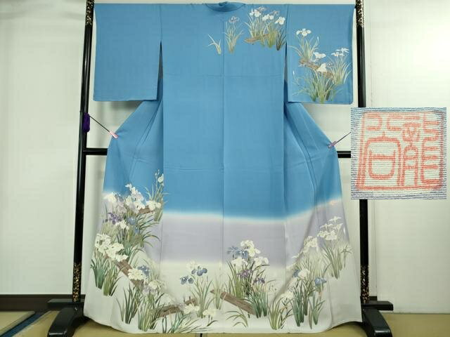 平和屋本店▽極上　名門染元　秀美　十日町友禅　訪問着　単衣　杜若　板橋　天色地　暈し染め　逸品　未使用　DZAB4035kh6（楽天・平和屋）