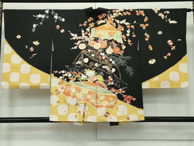 平和屋本店■極上　アンティーク　大正ロマン　羽織　駒刺繍　宝尽くし花文　黒地　金彩　羽織紐付き　逸品　CZAA1909s5のサムネイル