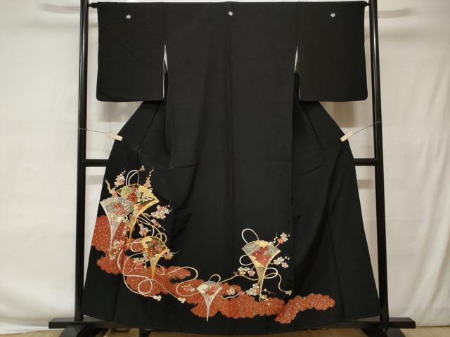 平和屋着物■豪華黒留袖 駒刺繍 扇面枝花文 金彩 正絹 逸品 CAAV2577ev