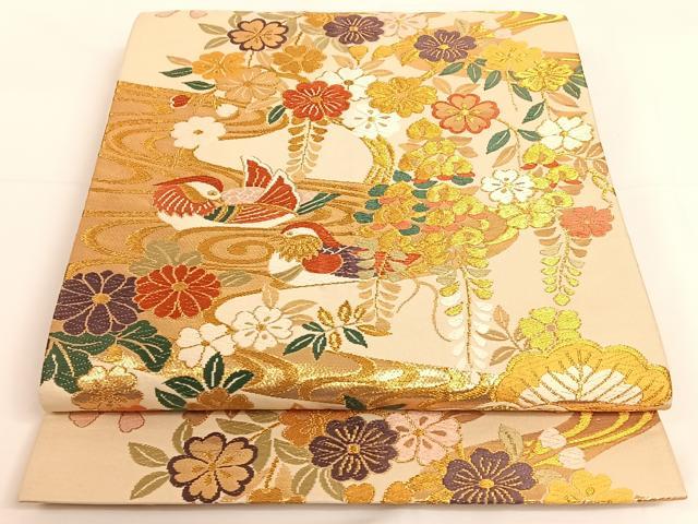 平和屋着物◎六通柄袋帯　唐織　流水鴛鴦花文　銀糸　正絹　逸品　AAAM7035ey