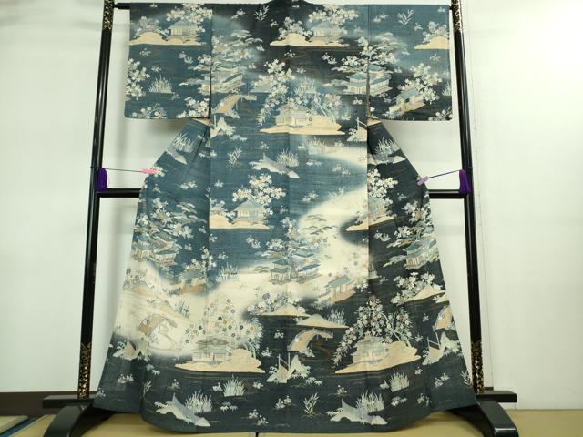 平和屋着物▽染織の名門　しょうざん  生紬　単衣　市松文様　反端付き　正絹　逸品　AABH2280jh 平和屋着物▽染織の名門 しょうざん 生紬 単衣 市松文様 反端付き 正絹