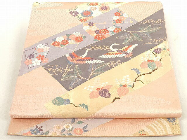 平和屋着物◎六通柄袋帯 短冊鶴花文 金糸 正絹 逸品 AAAM4371Aru