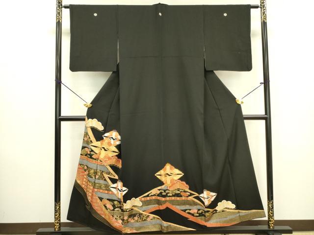 平和屋着物■豪華黒留袖　駒刺繍　双鶴花松文　金彩　正絹　逸品　DABB7061op