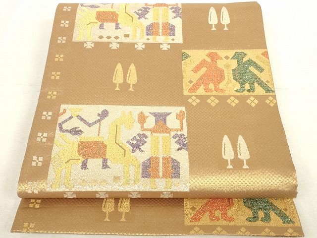 平和屋着物◎六通柄袋帯 鳥獣洋花文 金糸 正絹 逸品 未使用 AAAK0062Aru