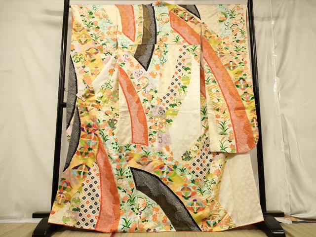 平和屋着物■豪華振袖　駒刺繍　絞り　菱双鶴花唐草文　金彩　正絹　逸品　CABA3165in