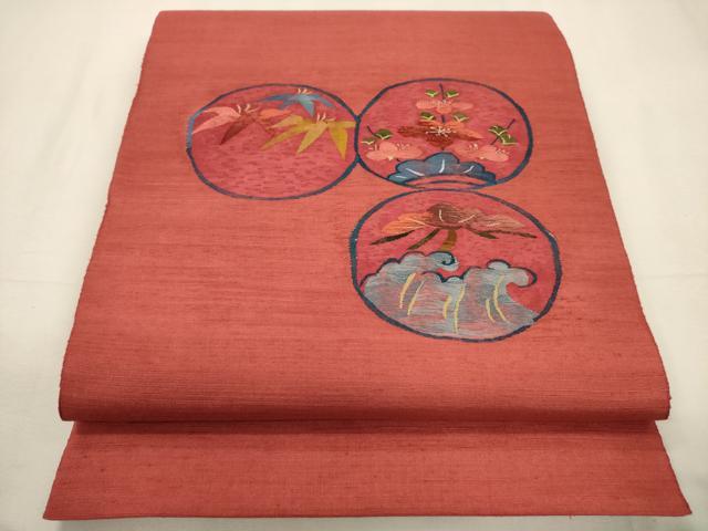 平和屋着物▼太鼓柄袋帯　紬地　すくい織　松竹梅吉祥丸文　三越扱い　正絹　逸品　未使用　CABC3445ak