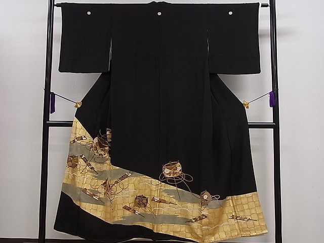 平和屋着物■豪華黒留袖　駒刺繍　糸車扇面吉祥花文　金銀彩　逸品　CAAG9363ze