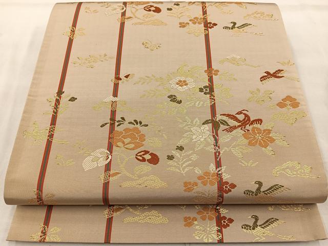 平和屋着物◎六通柄袋帯　唐織　花鳥間道　金糸　正絹　逸品　BAAR2895cm