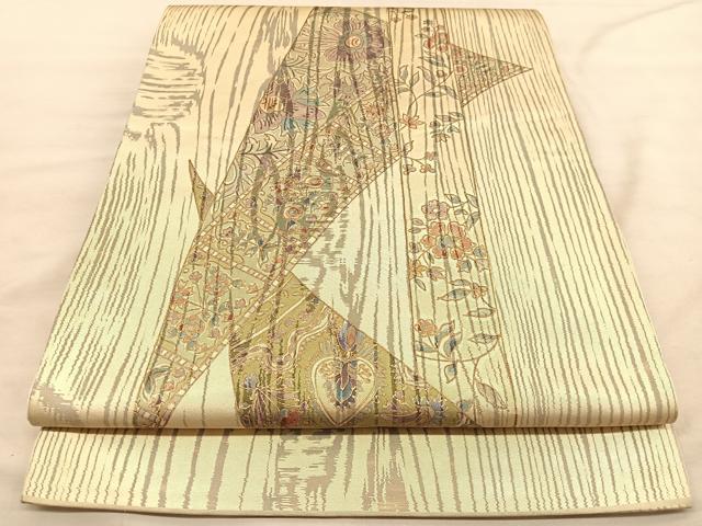 平和屋着物◎太鼓柄袋帯　更紗花文　金彩　引箔　正絹　逸品　BAAU5753hv