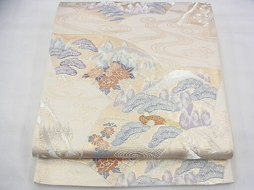 平和屋着物◎六通柄袋帯 唐織 地紙流し花鳥文 銀糸 逸品 BAAG8159fk 平和屋着物◎六通柄袋帯 唐織 地紙流し花鳥文 銀糸 逸品 BAAG8159fk