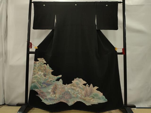 平和屋着物■豪華黒留袖 駒刺繍 群鶴風景文 金糸 正絹 逸品 AAAT9559sx