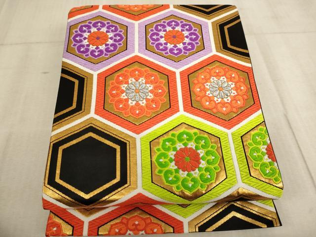 平和屋着物∵子供 全通柄袋帯 唐織 亀甲正倉院花文 黒地 金銀糸 逸品 AABE2179ja