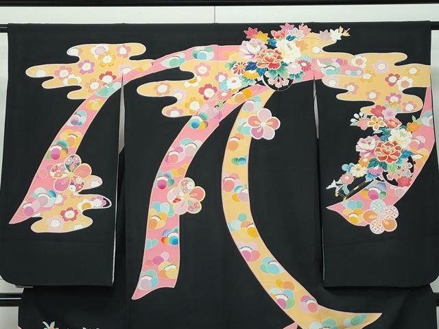 平和屋着物■極上　七五三　女の子　7歳　祝着　友禅　エ霞花車文　黒地　金彩　逸品　CZAA3511s5