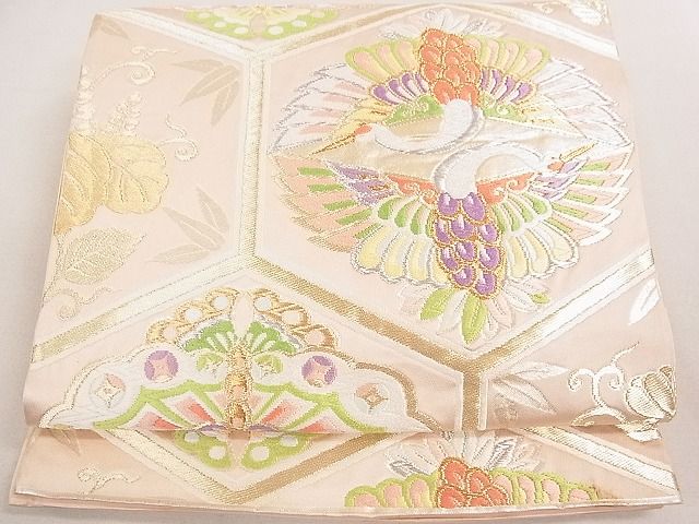 平和屋着物◎六通柄袋帯　唐織　亀甲双鶴花文　金銀糸　逸品　DAAE0267yyy
