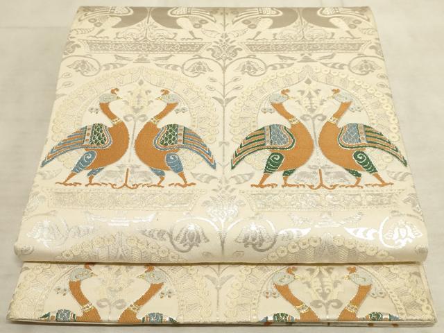 平和屋着物◎六通柄袋帯　双獣花文　銀糸　正絹　逸品　AAAM3646sx