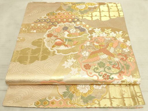 平和屋着物◎六通柄袋帯 唐織 雪輪花鳥文 金糸 正絹 逸品 AAAM3927sx 平和屋着物◎六通柄袋帯 唐織 雪輪花鳥文 金糸 正絹 逸品 AAAM3927sx