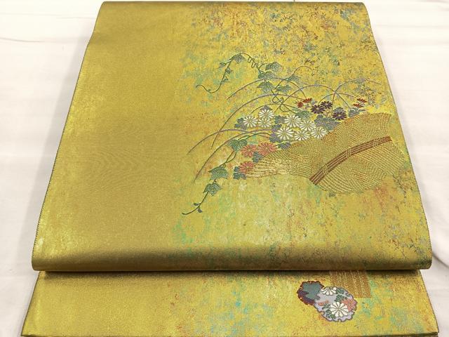 平和屋着物◎太鼓柄袋帯　唐織　花籠文　金糸　引箔　反端付き　正絹　逸品　BAAP1895ea