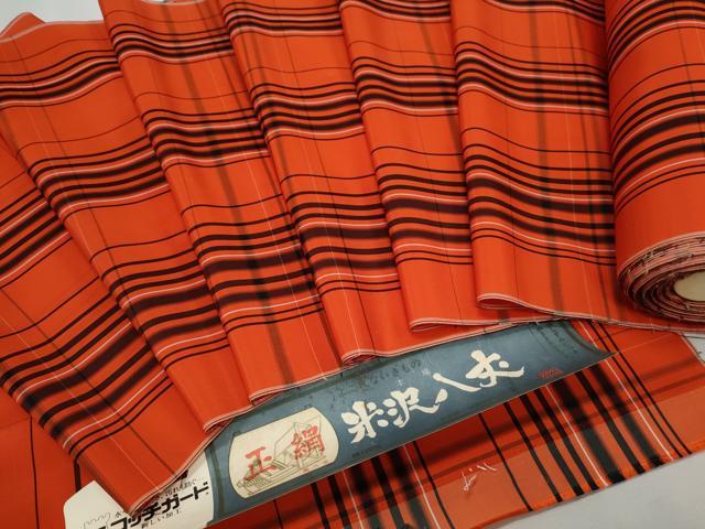 平和屋着物▼本場米沢八丈　アンサンブル　反物　格子文　着尺+羽尺　逸品　未使用　CAAV9930th