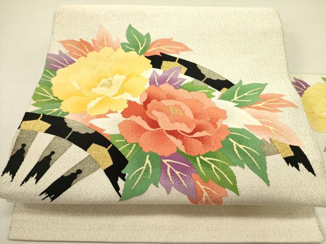平和屋着物●爪掻き本綴れ　八寸名古屋帯　牡丹　金糸　正絹　逸品　DABE1302op