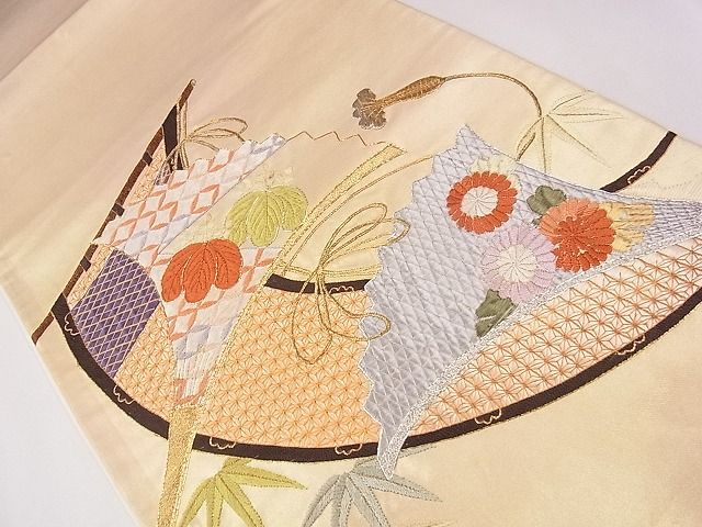 平和屋着物■袋帯　総刺繍　駒刺繍　几帳扇面花文　金銀糸　逸品　CAAG1677eg