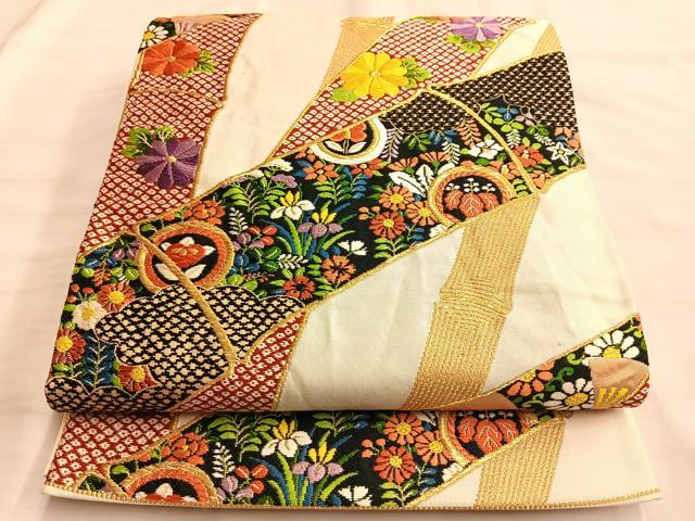 平和屋着物◎六通柄袋帯　竹取秋草文　金糸　正絹　逸品　BAAL0522du