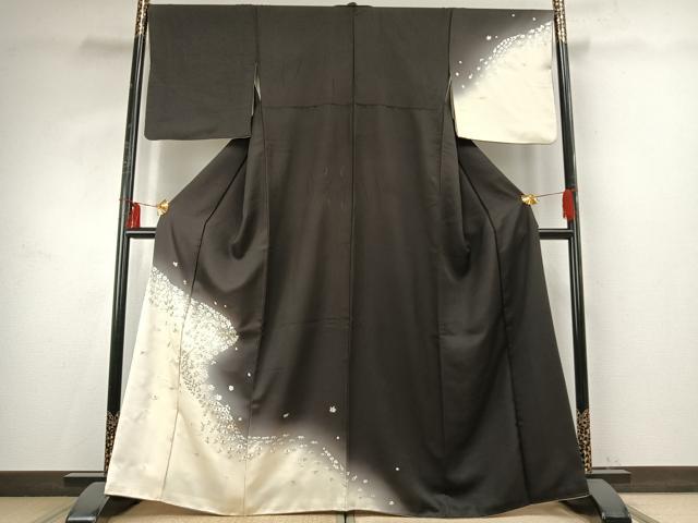 平和屋本店●訪問着　総刺繍　草花文　暈し染め　黒地　金糸　正絹　逸品　AABE1964fy