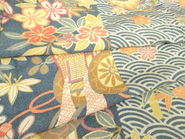 平和屋着物▽上質な小紋　単衣　御所車花文　松竹梅　正絹　逸品　DAAT9690az(4)