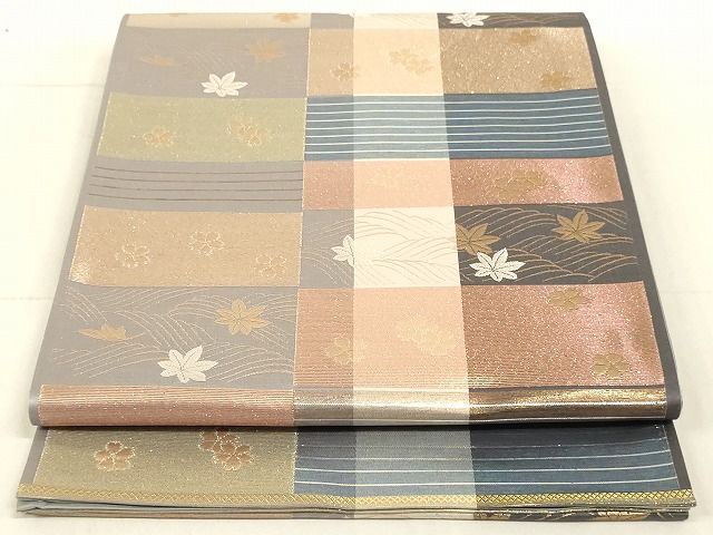 平和屋着物◎六通柄袋帯　流水草花文　金銀糸　正絹　逸品　AAAJ6692Ast