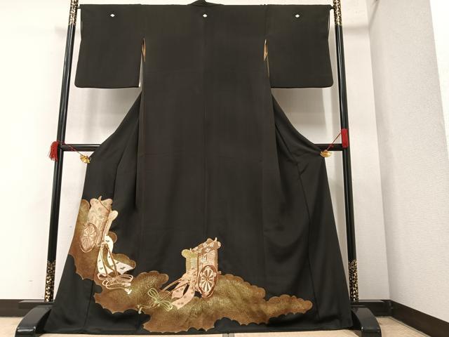 平和屋着物■豪華黒留袖 駒刺繍 御所車文 正絹 逸品 AAAX7698ph