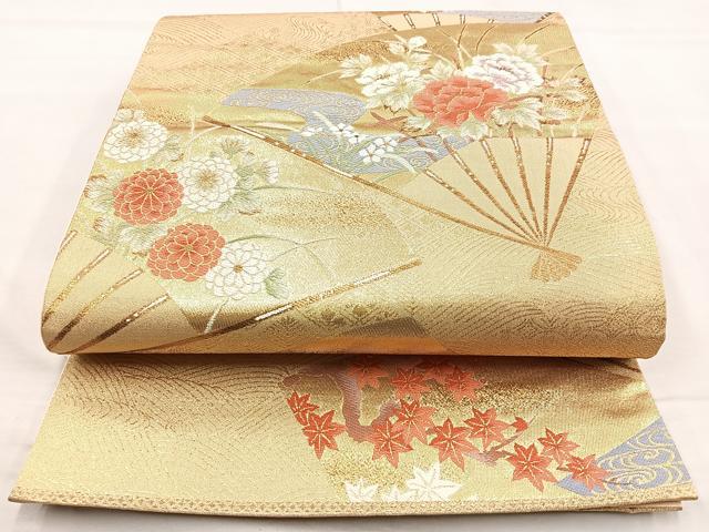 平和屋着物◎六通柄袋帯 扇面花文 金糸 正絹 逸品 BAAM6587cm