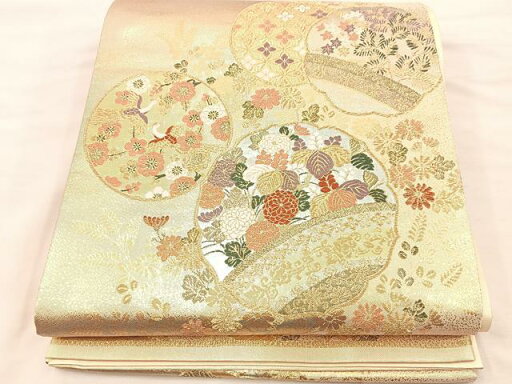 平和屋着物◎六通柄袋帯 唐織 雪輪飛鶴花文 金糸 正絹 逸品 未使用 BAAU0754mz 平和屋着物◎六通柄袋帯 唐織 雪輪飛鶴花文 金糸 正絹 逸品 未使用 BAAU0754mz
