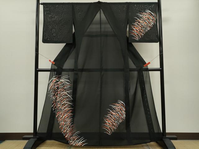 平和屋着物＊夏物　訪問着　絽　草木シルエット　黒地　洗える着物　CABB2368ze