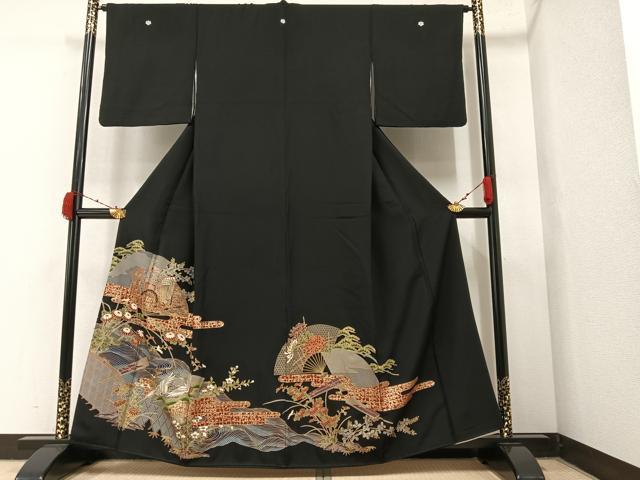 平和屋着物■豪華黒留袖　飛鶴扇面御所車花文　金彩　正絹　逸品　AAAX7700ph